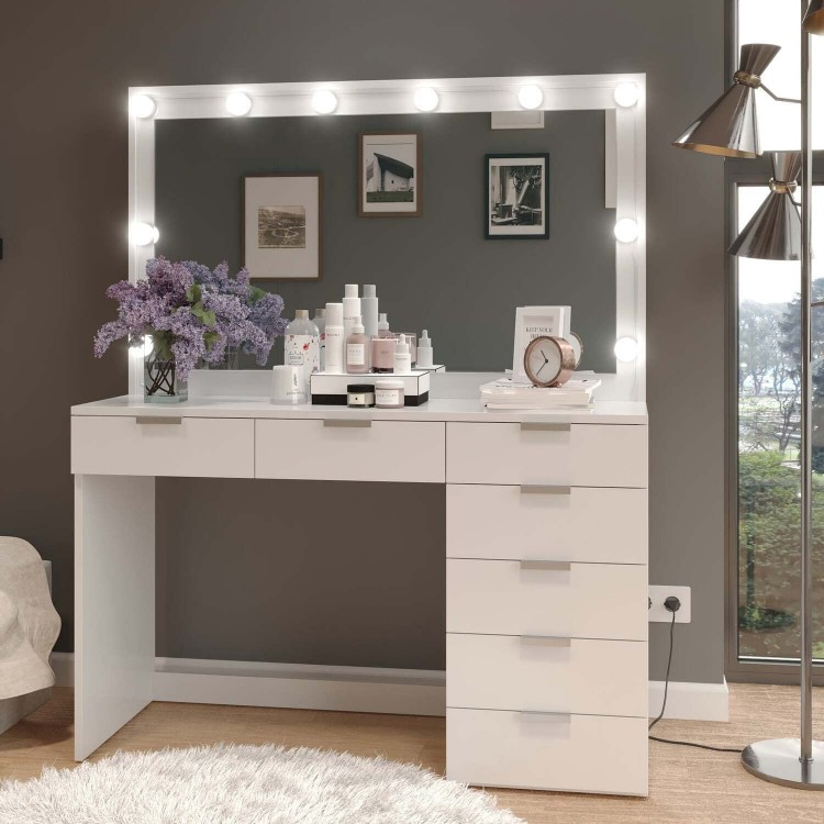 Boahaus Diana Large 47" Makeup Vanity Dressing Table Lighted with Hollywood LED Bulbs 7 Drawers White Perfect for Bedroom