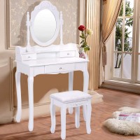 Casart Vanity Table Set with Mirror and Stool for Bedroom Modern Wood Style Cushioned Bench Oval Mirrored Multifunctional Top Removable Writing Desk Dressing Tables for Girls White