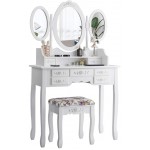 CHARMAID Vanity Set with Tri-Folding Mirror and Cushioned Stool Dressing Table with 7 Drawers and a Shelf Antique Makeup Table with Removable Top Vintage Makeup Vanity Set for Women Girls White