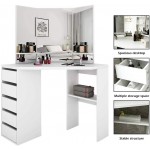 Corner Dressing Table Makeup Desk with Three-Fold Mirror and 5 Drawers Wooden Bedroom Vanity Table White