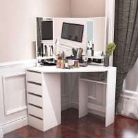 Corner Dressing Table Makeup Desk with Three-Fold Mirror and 5 Drawers Wooden Bedroom Vanity Table White