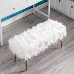 DM Furniture Faux Fur Vanity Bench Fluffy Entryway Bench Furry Ottoman Bench End of Bed Stool with Metal Legs for Living Room Bedroom White