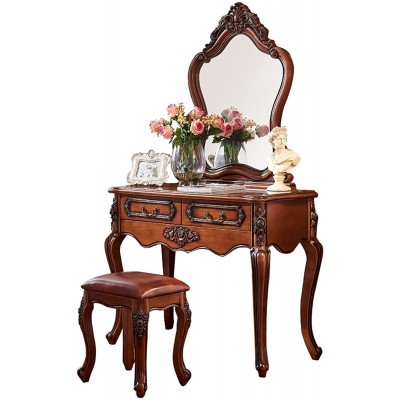 DSWHM Classical Retro Solid Wood Dressing Table Set,Makeup Desk Bedroom Furniture,Dressing Table with Stool,Mirror and 3 Storage Drawers,Vanity Benches Size : 100cm