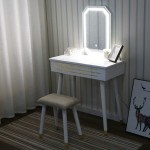 FULLWATT Vanity Set with Touch Screen Mirror 3 Color Lighting Modes Dressing Table with Vanity Bench Stool Makeup Organizer Square Mirror