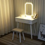 FULLWATT Vanity Set with Touch Screen Mirror 3 Color Lighting Modes Dressing Table with Vanity Bench Stool Makeup Organizer Square Mirror