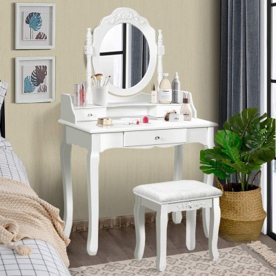 Giantex Vanity Table Set with Mirror and Stool for Bedroom Modern Wood Style Cushioned Bench Oval Mirrored Multifunctional Top Removable Writing Desk Dressing Tables for Girls 3 Drawers White
