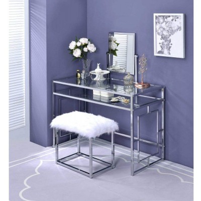 HABITRIO Vanity Set with Bench Metal Frame Glass Top Makeup Table with Stool Mirror Storage Organizer Compartment Furniture for Women Girls Bedroom