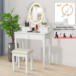 JAXPETY Vanity Table Set with 10 LED Rose-Shaped Lights and Cushioned Bench Makeup Dressing Table w Removeable Oval Mirror 3 Drawers for Cosmetics Storage White