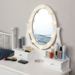 JAXPETY Vanity Table Set with 10 LED Rose-Shaped Lights and Cushioned Bench Makeup Dressing Table w Removeable Oval Mirror 3 Drawers for Cosmetics Storage White