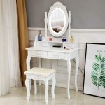 jeerbly Vanity Table Makeup Table with Cushioned Stool & Mirror Wood Dressing Table with 4 Drawers Vanities Benches Table Set Makeup Vanity Set Dressing Table with Stool LED Lights Mirror White