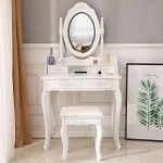 jeerbly Vanity Table Makeup Table with Cushioned Stool & Mirror Wood Dressing Table with 4 Drawers Vanities Benches Table Set Makeup Vanity Set Dressing Table with Stool LED Lights Mirror White