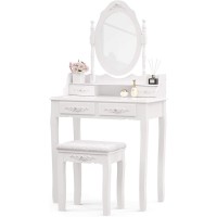 NA Vanity Table Set with 4 Drawer,Makeup Dressing Table w Cushioned Stool,Girls Women Bedroom Furniture Set Oval Mirror White