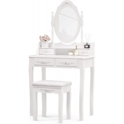 NA Vanity Table Set with 4 Drawer,Makeup Dressing Table w Cushioned Stool,Girls Women Bedroom Furniture Set Oval Mirror White