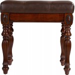 Solid Wood Vanity Bench Stool with Padded Cushion Piano Bench with Wood Carving Legs Button Breathing Leather Upholstered Seat 18.89” x 18.5 x 14.17” Brown FD1533BN