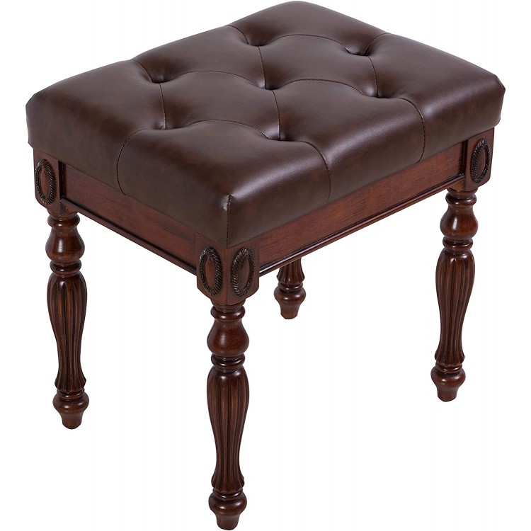 Solid Wood Vanity Bench Stool with Padded Cushion Piano Bench with Wood Carving Legs Button Breathing Leather Upholstered Seat 18.89” x 18.5 x 14.17” Brown FD1533BN