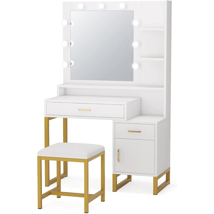 Tribesigns Vanity Set with Lighted Mirror & Stool Elegant Makeup Table Vanity Dresser with 9 LED Light Drawer Storage Shelves and Cabinet for Women Girls Dressing Table for Bedroom White and Gold