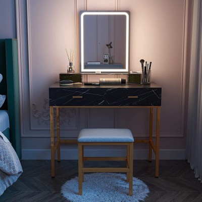 Vanity Desk with Lighted Mirror Dressing Table and Bench Set Makeup Dresser for Bedroom Black