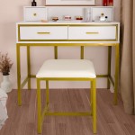 Vanity Stool for Makeup Room Makeup Dressing Stool with Soft Cushioned Pad Vanity Bench for Women Girls Bedroom White & Gold