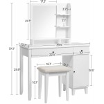 VASAGLE Vanity Desk Vanity Table Set with Mirror Open Shelves Large Table Top 2 Drawers a Cabinet Cushioned Stool Solid Wood Legs Gift Idea for Bedroom White URDT174W01