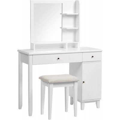 VASAGLE Vanity Desk Vanity Table Set with Mirror Open Shelves Large Table Top 2 Drawers a Cabinet Cushioned Stool Solid Wood Legs Gift Idea for Bedroom White URDT174W01