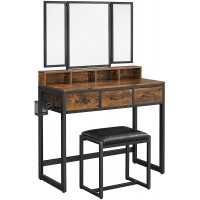 VASAGLE Vanity Table with Upholstered Stool Set Dressing Table Desk Makeup Table with Tri-Fold Mirror 3 Drawers Hair Dryer Stand Industrial Style Rustic Brown and Black URVT004B01