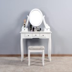 White Vanity with Cushioned Stool Wooden Vanity Desk Dressing Table with 360° Rotating Oval Mirror Makeup Desk Girls Vanity with 5 Drawers Vanity Table Set Vanity Bench for Bedroom Powder Room