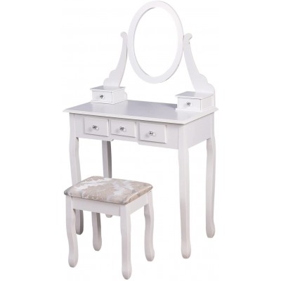White Vanity with Cushioned Stool Wooden Vanity Desk Dressing Table with 360° Rotating Oval Mirror Makeup Desk Girls Vanity with 5 Drawers Vanity Table Set Vanity Bench for Bedroom Powder Room