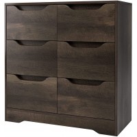 Modern 6 Drawer Dresser Double Chest of Drawers with Storage 3+3 Clothing Organizer with Cut-Out Handle Dresser Chest, Wood Storage Cabinet for Living Room Bedroom Hallway Dark Brown