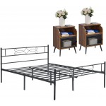 VECELO Queen Bed Frame with 2 Nightstands Black Metal Classic Bed with 2 Industrial Bedside End Table with Open Drawer Shelf-3 Pieces Set Black Brown
