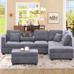 105” Sectional Sofas Sets 3-Seat Sofa Couch with Reversible Chaise Lounge Storage Ottoman and 2 Cup Holders for Living Room Furniture Grey