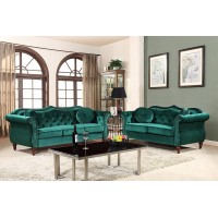 Container Furniture Direct Anna1 Velvet Upholstered Classic Nailhead Chesterfield Living Room 2 Piece Set Pine Green