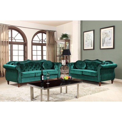 Container Furniture Direct Anna1 Velvet Upholstered Classic Nailhead Chesterfield Living Room 2 Piece Set Pine Green
