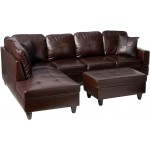 GAOPAN L-Shaped PU Leather Tufted Cushions Sectional Sofa Corner Couch with Left Chaise Lounge and Storage Ottoman for Living Room Furniture Set Brown
