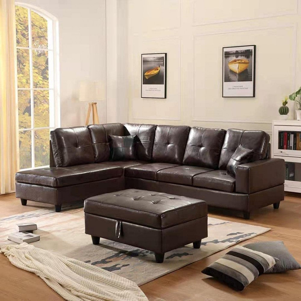 GAOPAN L-Shaped PU Leather Tufted Cushions Sectional Sofa Corner Couch with Left Chaise Lounge and Storage Ottoman for Living Room Furniture Set Brown