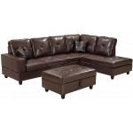 GAOPAN L-Shaped PU Leather Tufted Cushions Sectional Sofa Corner Couch with Right Chaise Lounge and Storage Ottoman for Living Room Furniture Set Brown