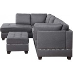 GAOPAN Linen Upholstered Sectional Sofa with Cup Holders Storage Ottoman & Reversible Chaise Lounge Rivet Couch for Living Room Furniture Sets L-Shaped Tufted Cushion Corner Sofá,Grey