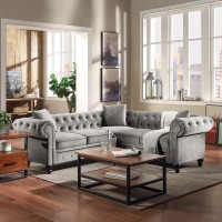 GAOPAN Soft Tufted Cushion Upholstered Sectional Sofa for Living Room Furniture Sets Velvet L-Shaped 5 Seaters Symmetrical Couch W Classic Chesterfield Rolled Arm & 3 Lumbar Pillows Graphite Grey