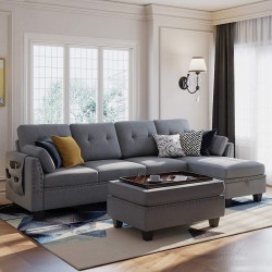 HONBAY Reversible Sectional Sofa Couch Set L Shaped Couch Sofa Sets for Living Room 4 Seat Sofa Sectional with Storage Ottoman for Small Apartment,Grey Sectional+Tray Ottoman