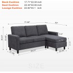 JY QAQA Convertible Sectional Sofa Couch with 3-Seat Sofa L-Shaped Ottoman Couch with Modern Linen Fabric for Small Living Room Apartment and Small Space Dark Grey