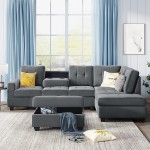 L Shaped Sectional Sofas 3-Seat Sofa Sets Sectional Sofa Couches with Reversible Chaise Lounge Cup Holders and Storage Ottoman for Living Room Furniture Grey Fabric