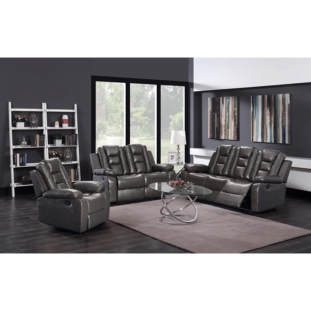 Liveasy Furniture 3-PC Bonded Leather Recliner Set Living Room Set in Charcoal Grey Sofa Loveseat Chair Pillow Top Backrest and Armrests Sofa+LOVESEAT+Chair