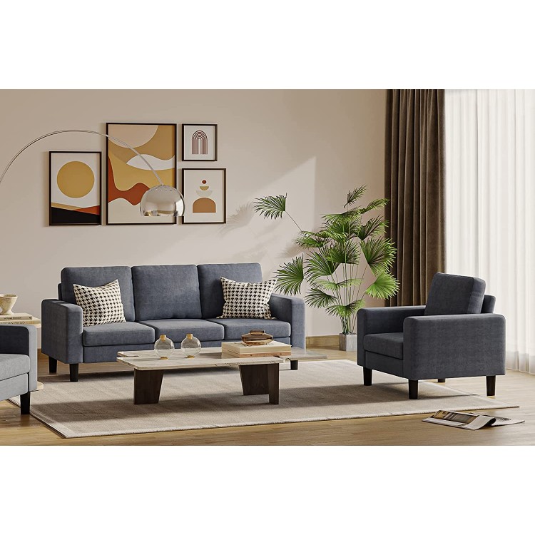 Living Room Sofa Set 2 Piece Fabric Sofa Couch Set 3 Seat Sofa& Single Arm Chair Grey