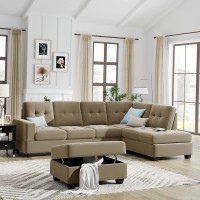 Livspace Upholstered Sectional Sofa with Reversible Chaise Lounge L-Shaped Couch w Storage Ottoman & 2 Cup Holders 3 Piece Living Room Furniture Set for Home Brown