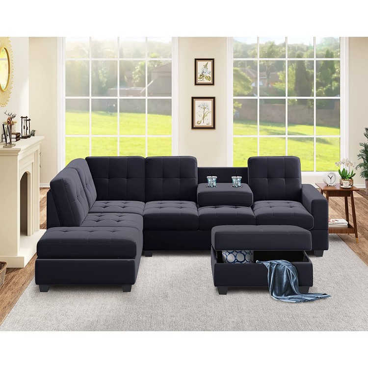 Magic Home Sectional Sofa with Reversible Chaise,L-Shape Sectional Sofa Couch and Storage Ottoman Living Room Set with Two Cup Holders for Living Room Home Black