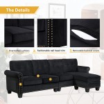 Merax 106" Sectional Sofa with Reversible Chaise Lounge L Shaped 4-Seat Sofa Couch with Scrolled Arm and Nail-Head Trim Storage Ottoman for Living Room Furniture Sets Black