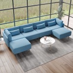 MGH 132" Sectional Sofa Couch Luxury Contemporary U-Shape Sofa Set Linen Fabric 4-Seat and 2 Ottoman Living Room Couch Chaise Living Room Furniture Sets Blue