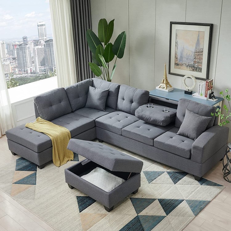 Sectional Sofa with Reversible Chaise Lounge Storage Ottoman and Cup Holders L Shape Couch 3-Piece for Living Room with Two Small Pillows Grey