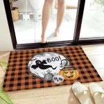 Cozy Plush Doormats 16x24in Absorbent Cushioned Kitchen Mat Area Runner Rugs for Bathroom&Stand-up Desks, Boo Halloween Ghost Skeleton Graves Pumpkins with Witch Hat Orange Black Plaid Entryway Carpet