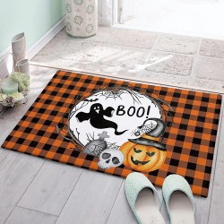 Cozy Plush Doormats 16x24in Absorbent Cushioned Kitchen Mat Area Runner Rugs for Bathroom&Stand-up Desks, Boo Halloween Ghost Skeleton Graves Pumpkins with Witch Hat Orange Black Plaid Entryway Carpet