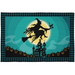 Cozy Plush Doormats 18x30in Absorbent Cushioned Kitchen Mat Area Runner Rugs for Bathroom&Stand-up Desks, Halloween Haunted House Witch Pumpkins Bats Black Cat Full Moon on Teal Entryway Carpet